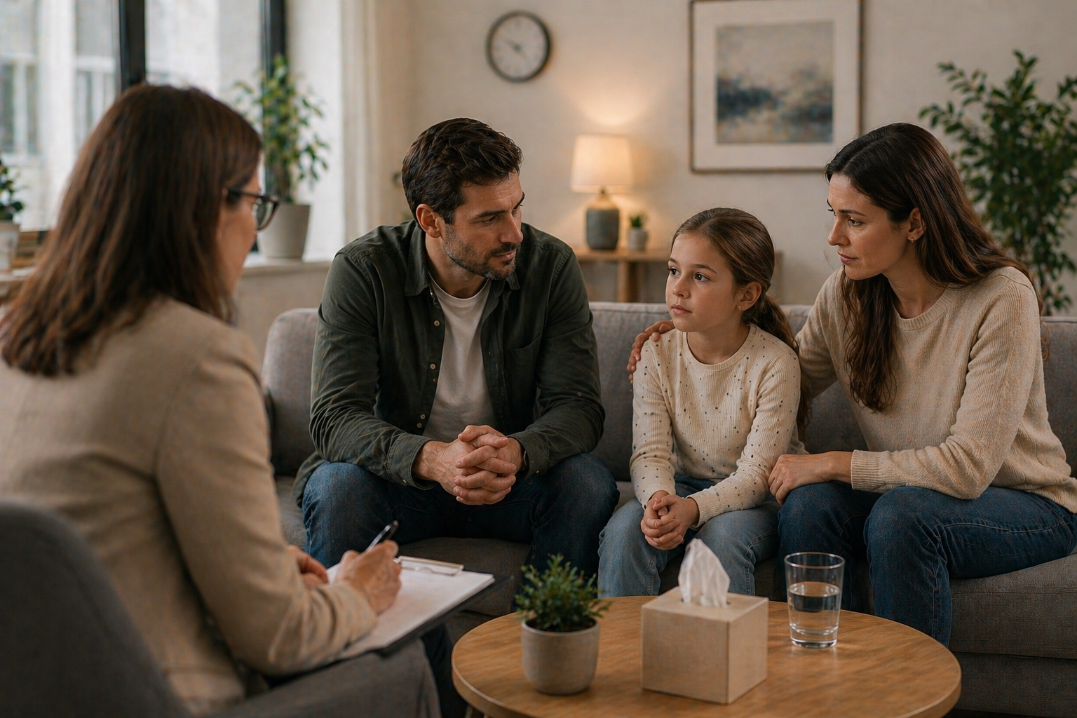 A family mediation session focused on parenting and child arrangements, with a mediator guiding a couple through a discussion about their children's needs in a calm and supportive environment.